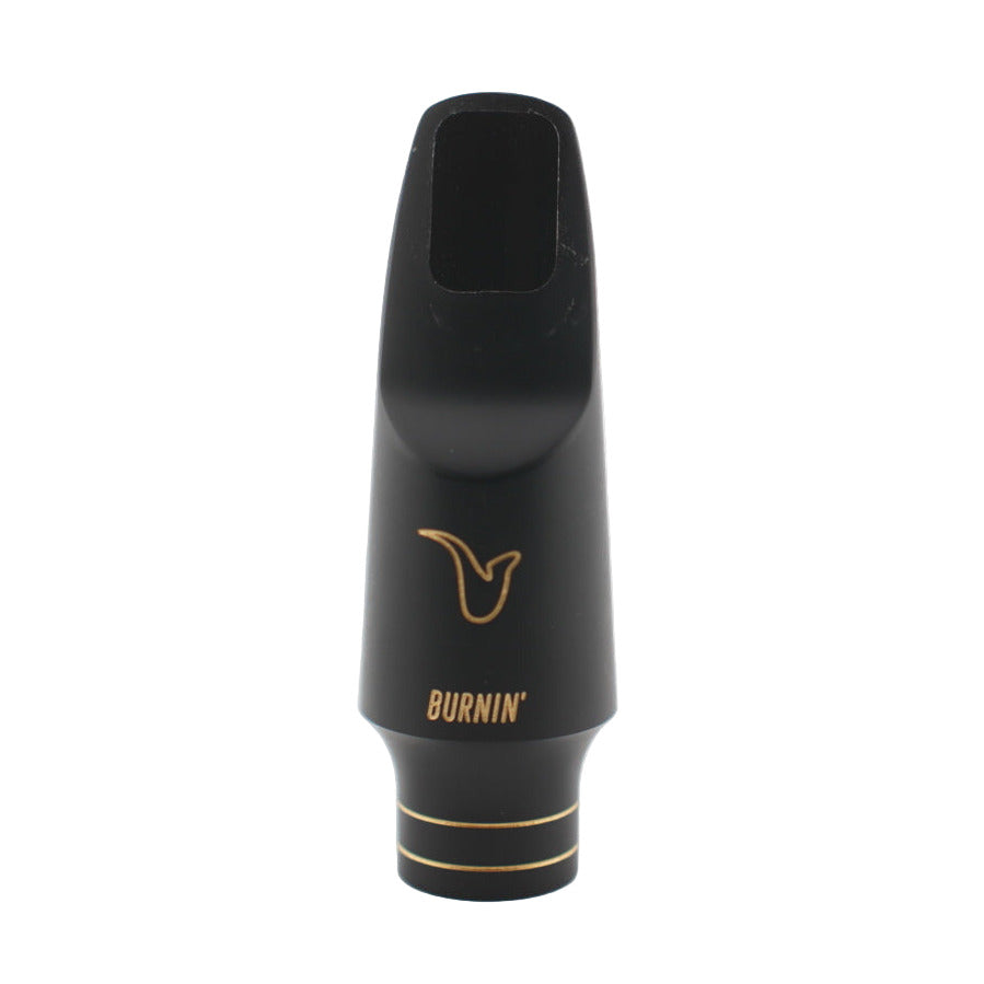 Black saxophone mouthpiece with 'Burnin'' branding on a white background