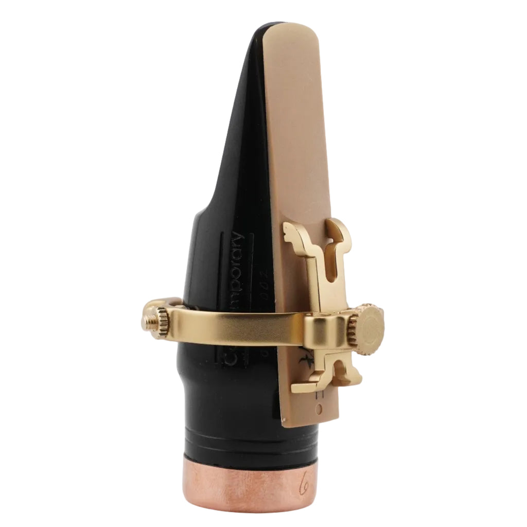 Saxophone mouthpiece with black, gold, and copper components on a white background