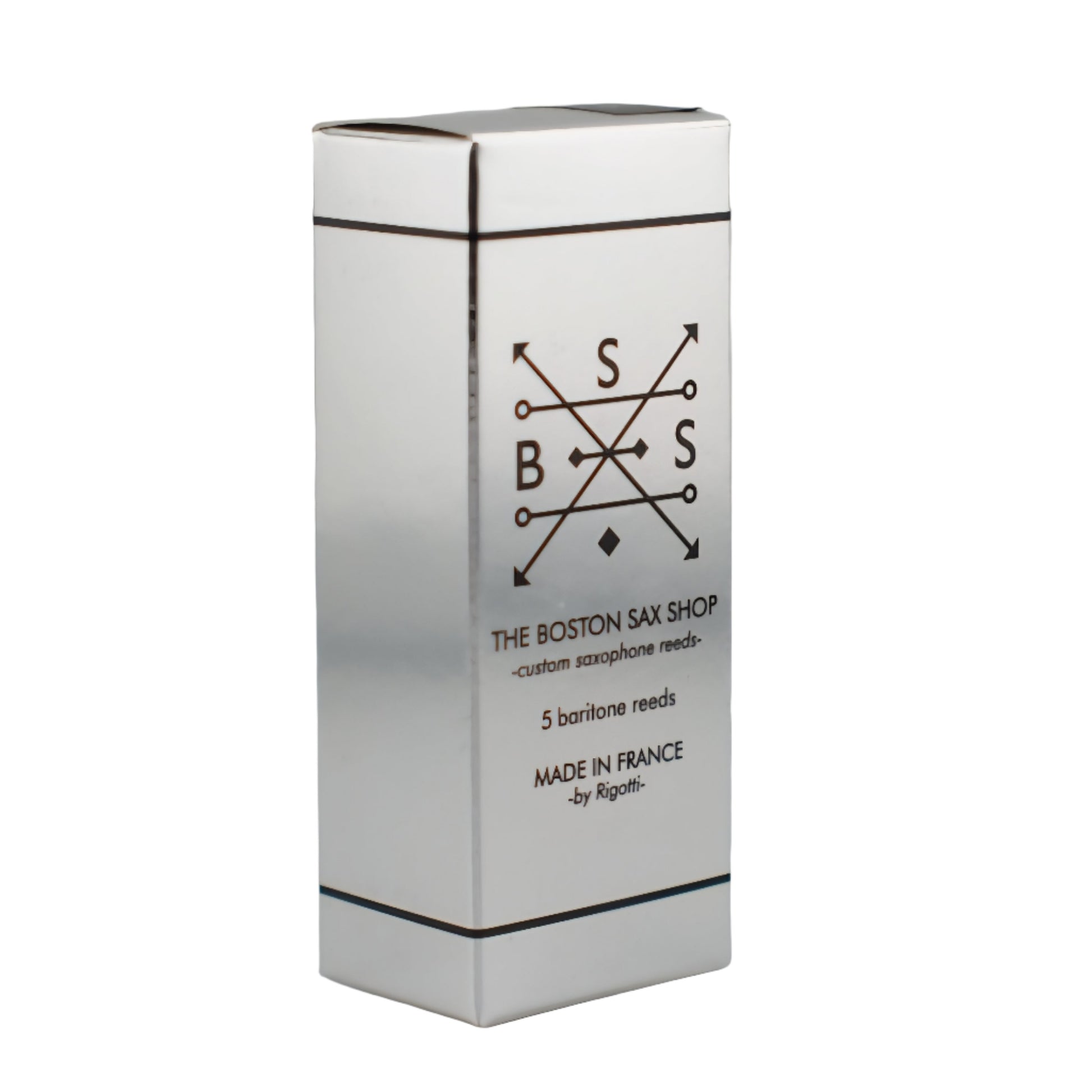 Silver box with 'The Boston Sax Shop' logo and text on a gray background