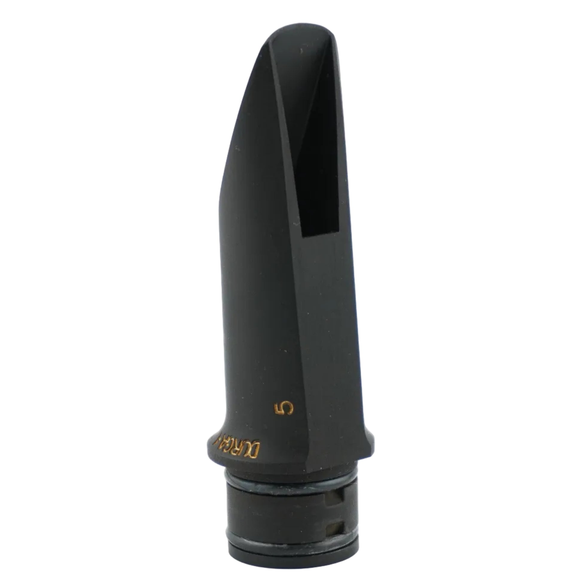 Black Durga clarinet mouthpiece with gold details on a white background