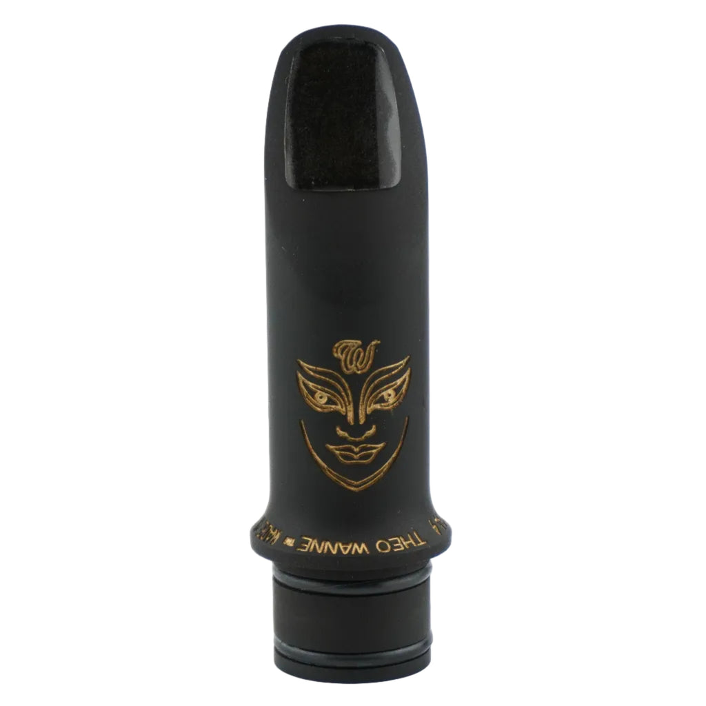 Black Durga clarinet mouthpiece with gold details on a white background