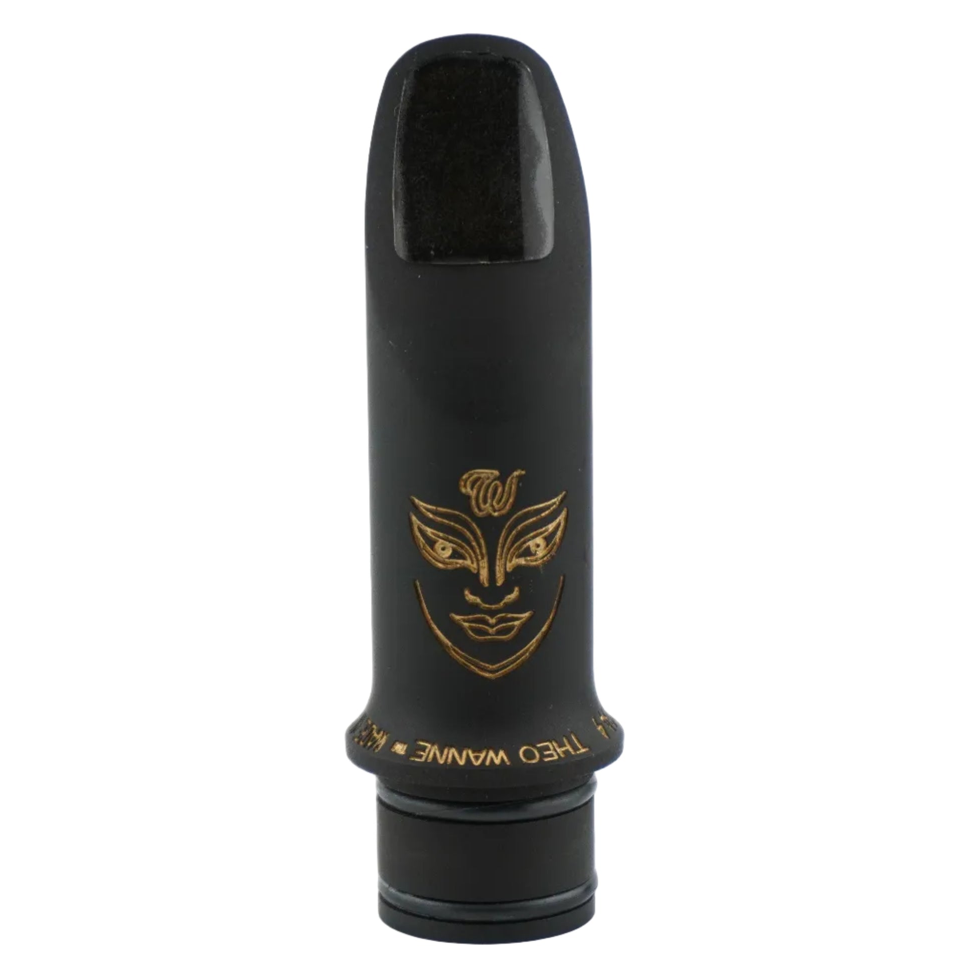 Black Durga clarinet mouthpiece with gold details on a white background