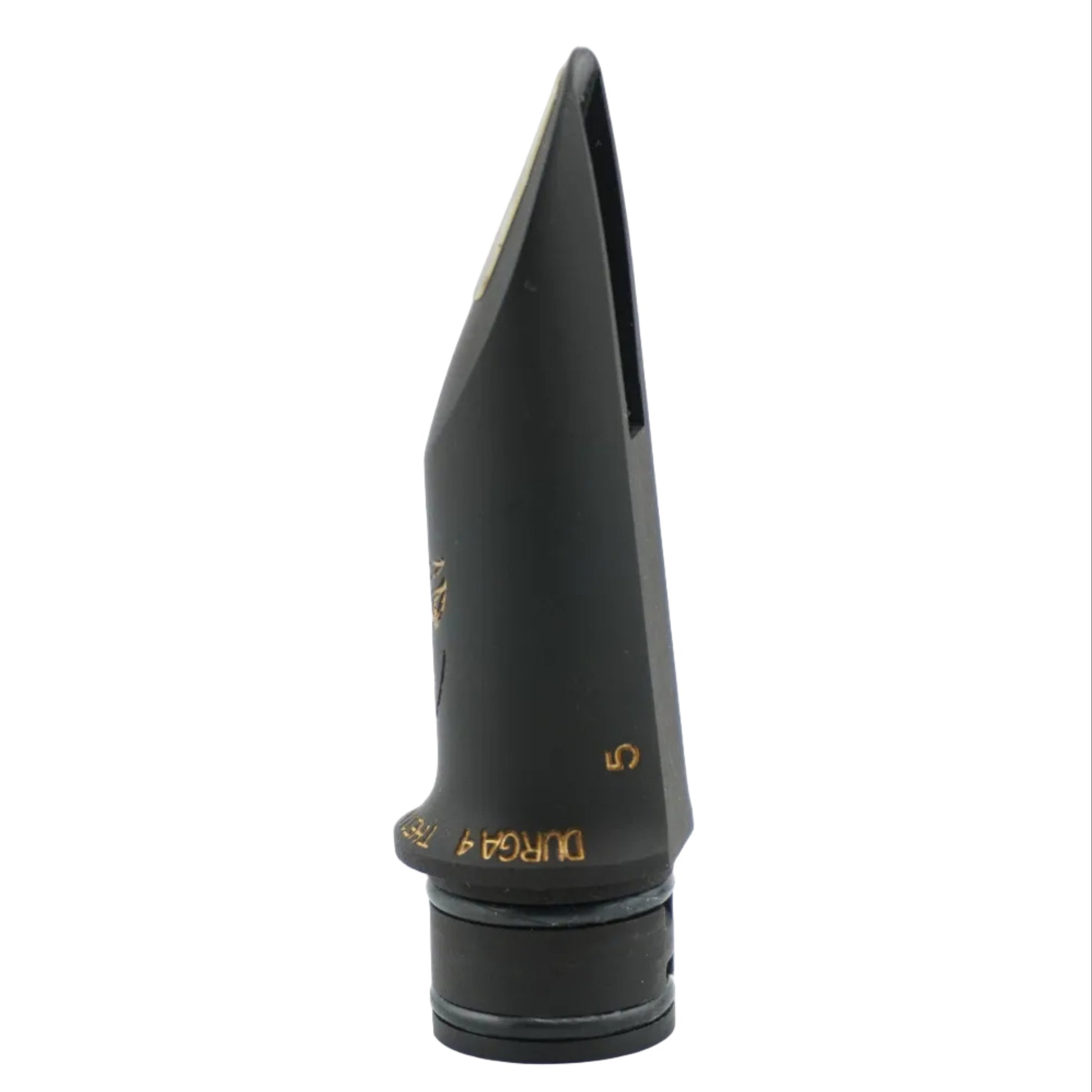 Black Durga clarinet mouthpiece with gold details on a white background