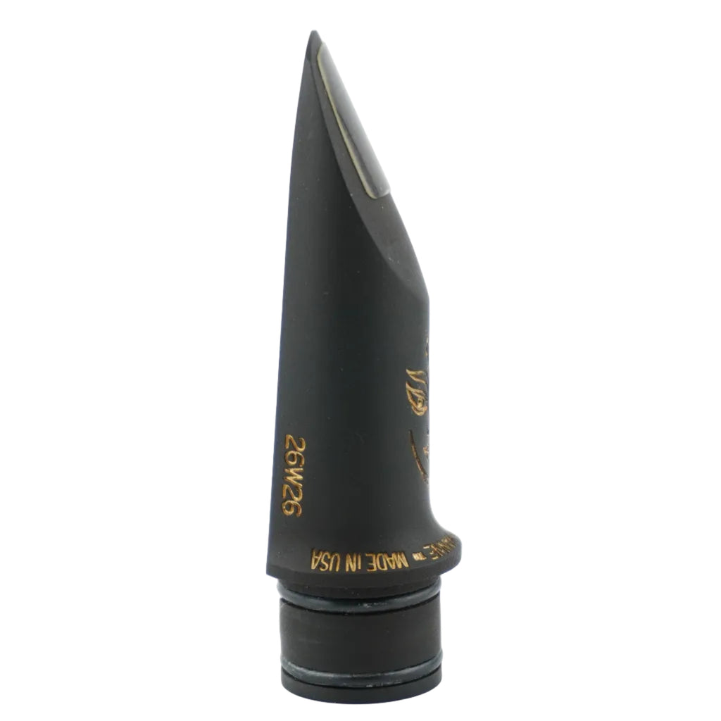 Black Durga clarinet mouthpiece with gold details on a white background