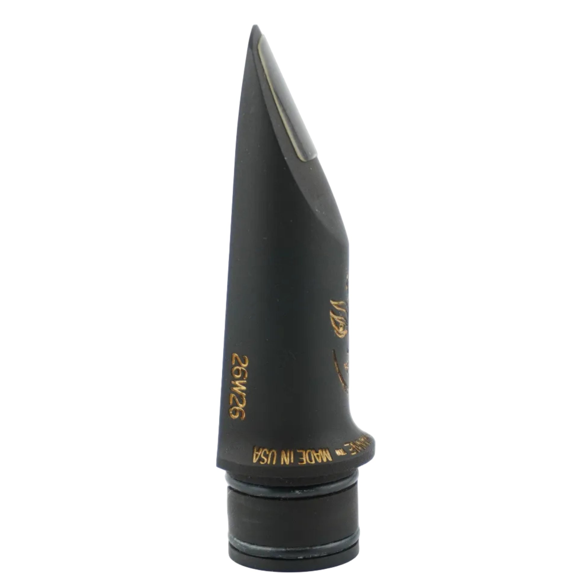 Black Durga clarinet mouthpiece with gold details on a white background