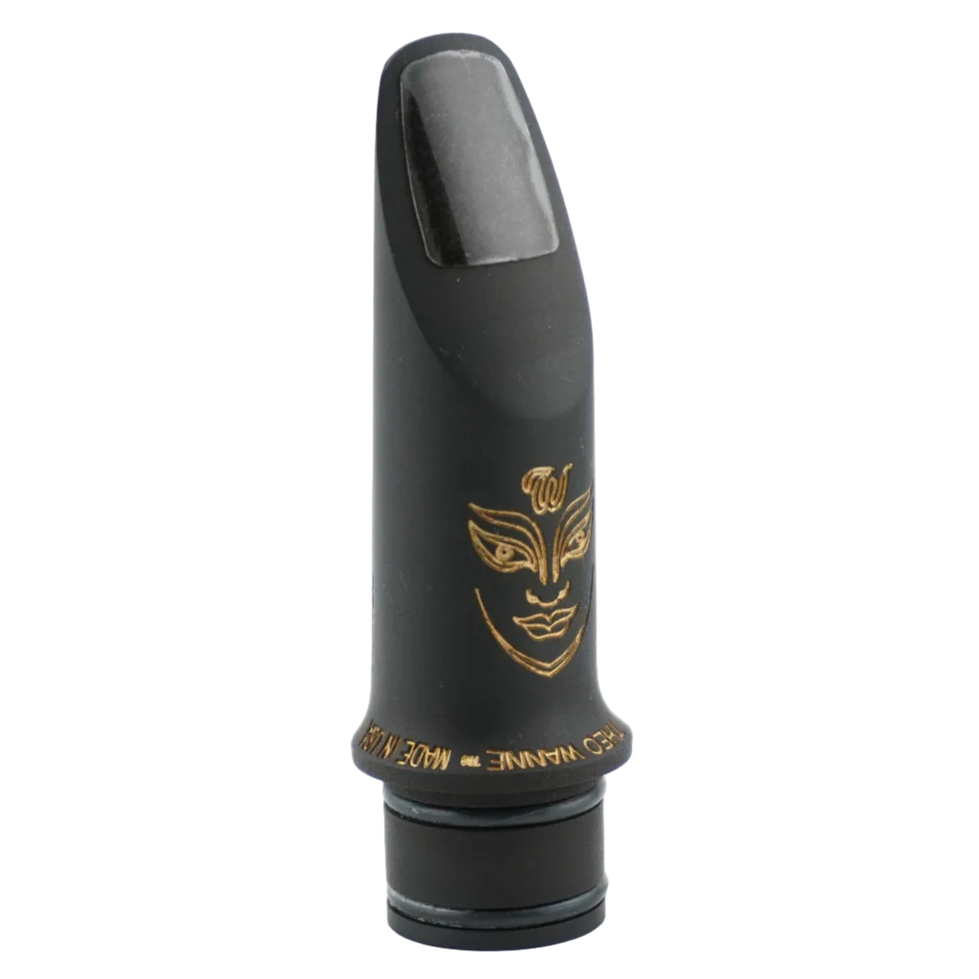 Black Durga clarinet mouthpiece with gold details on a white background