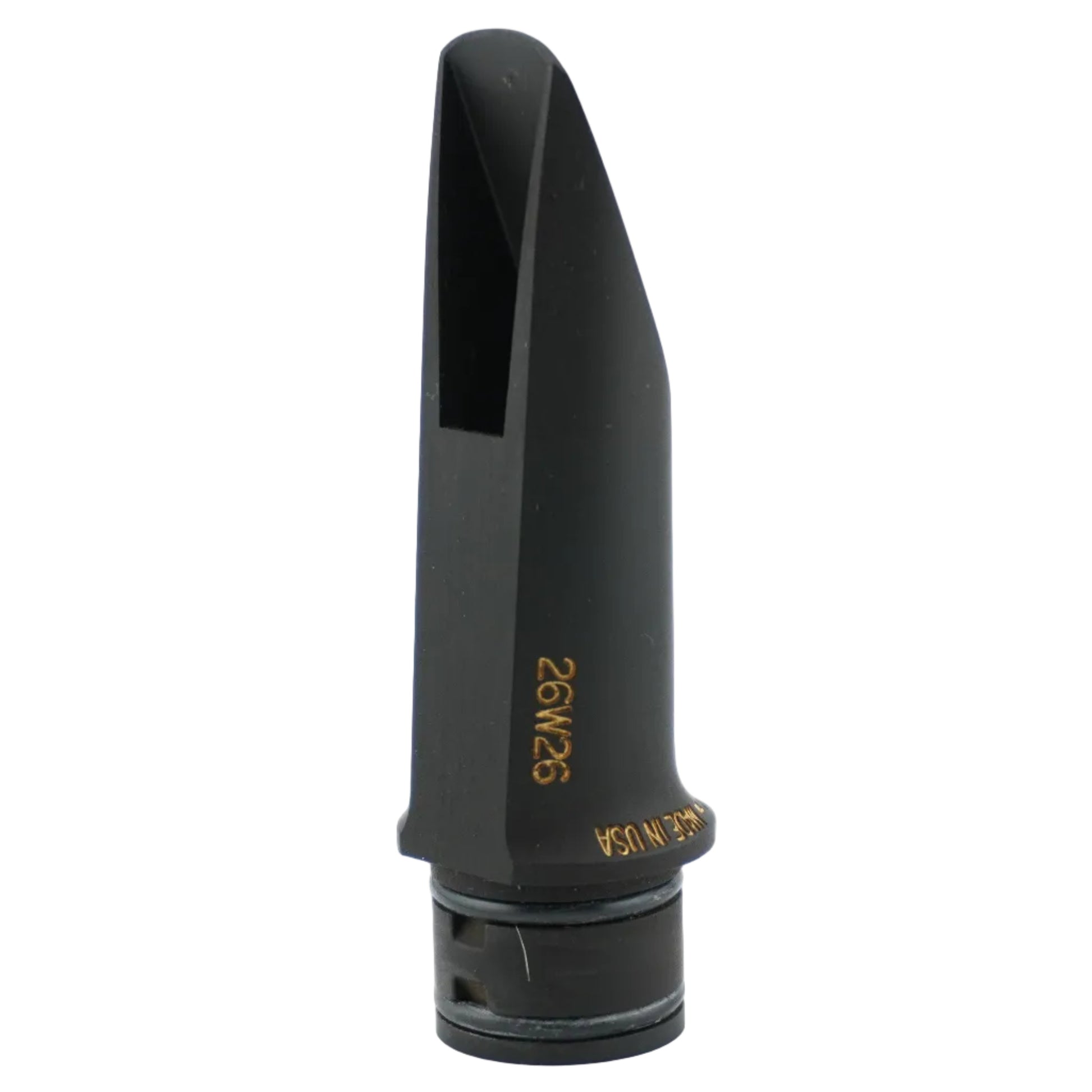 Black Durga clarinet mouthpiece with gold details on a white background