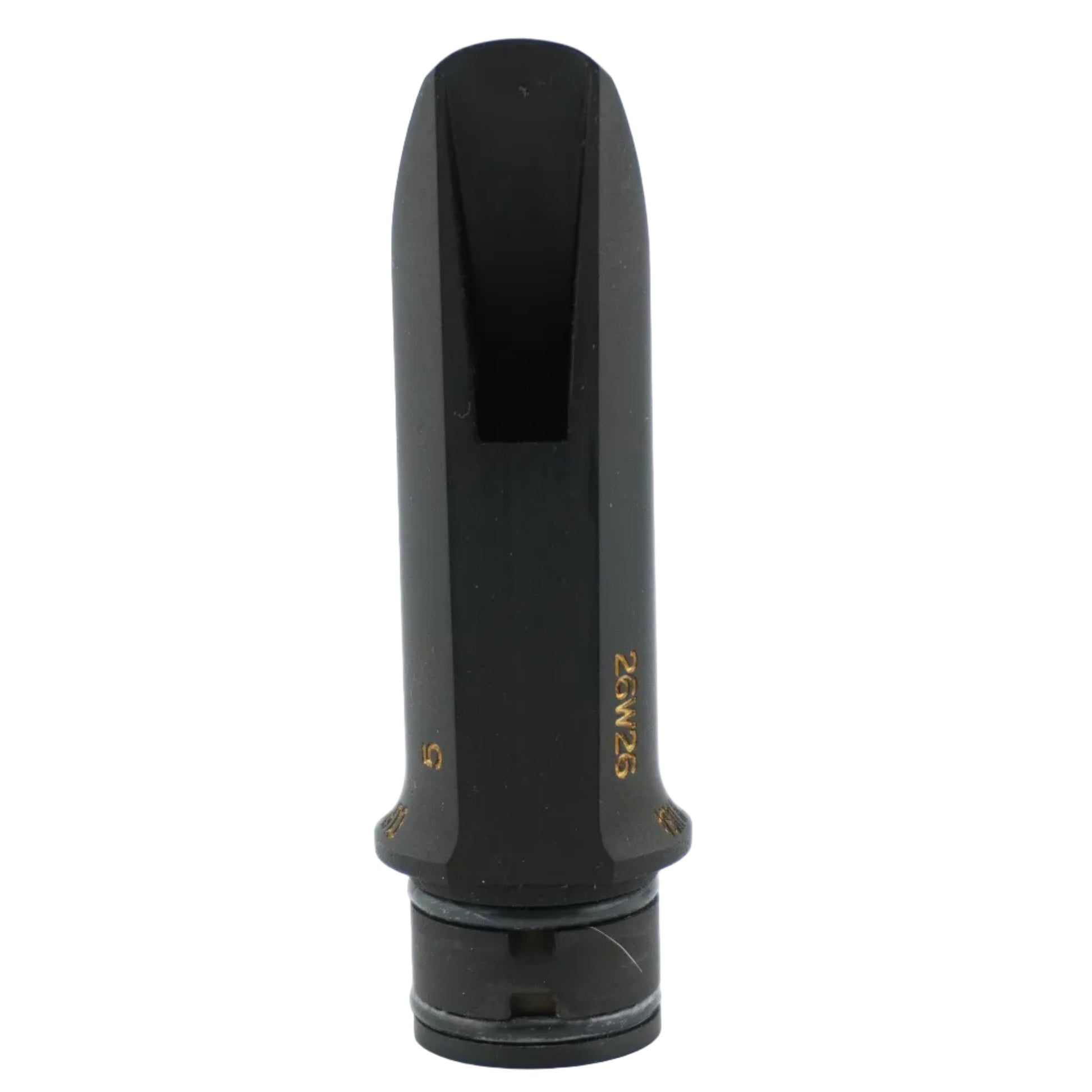 Black Durga clarinet mouthpiece with gold details on a white background