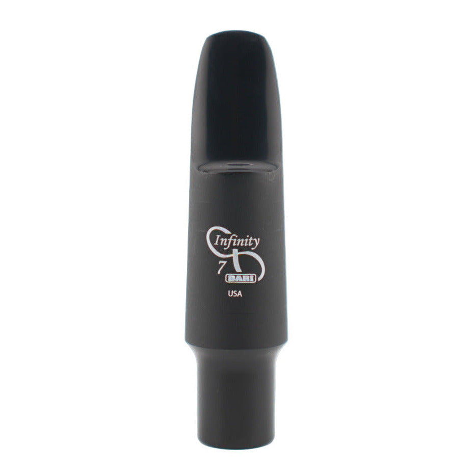 Black saxophone mouthpiece with 'Infinity' and 'bari' branding on a white background