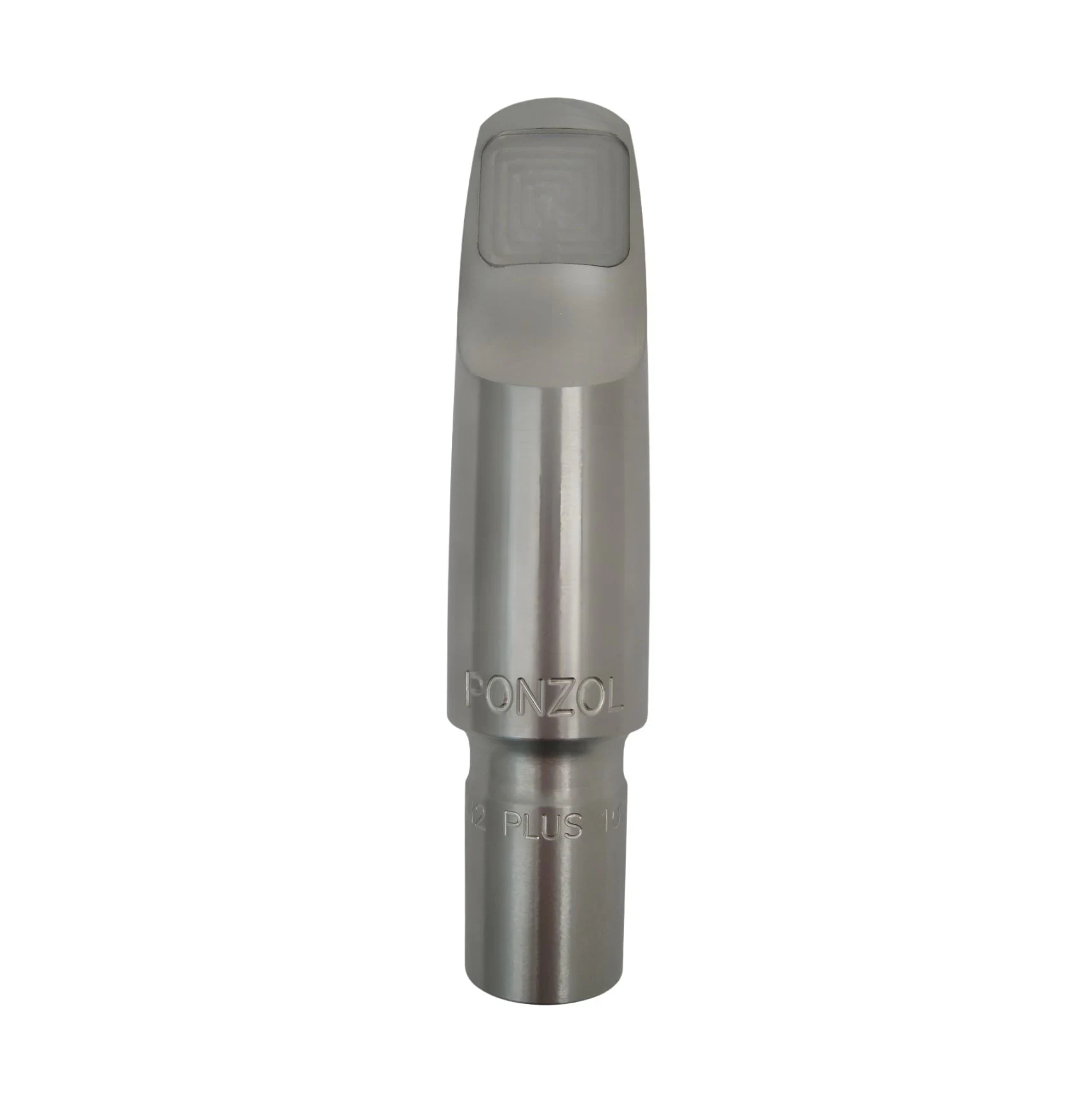Metallic saxophone mouthpiece with 'Ponzol' branding on a white background