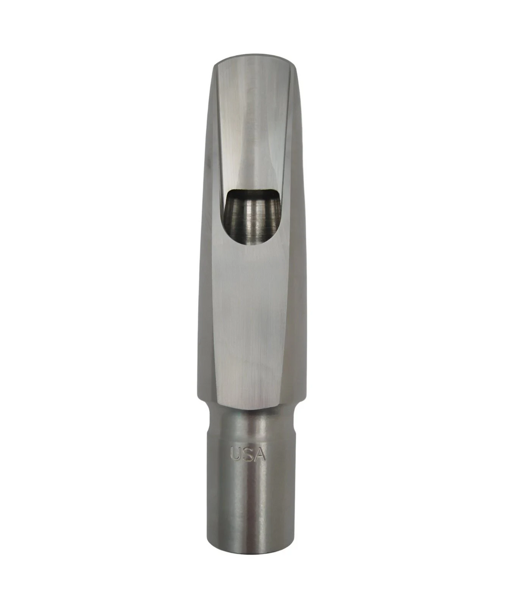 Metallic saxophone mouthpiece on a white background