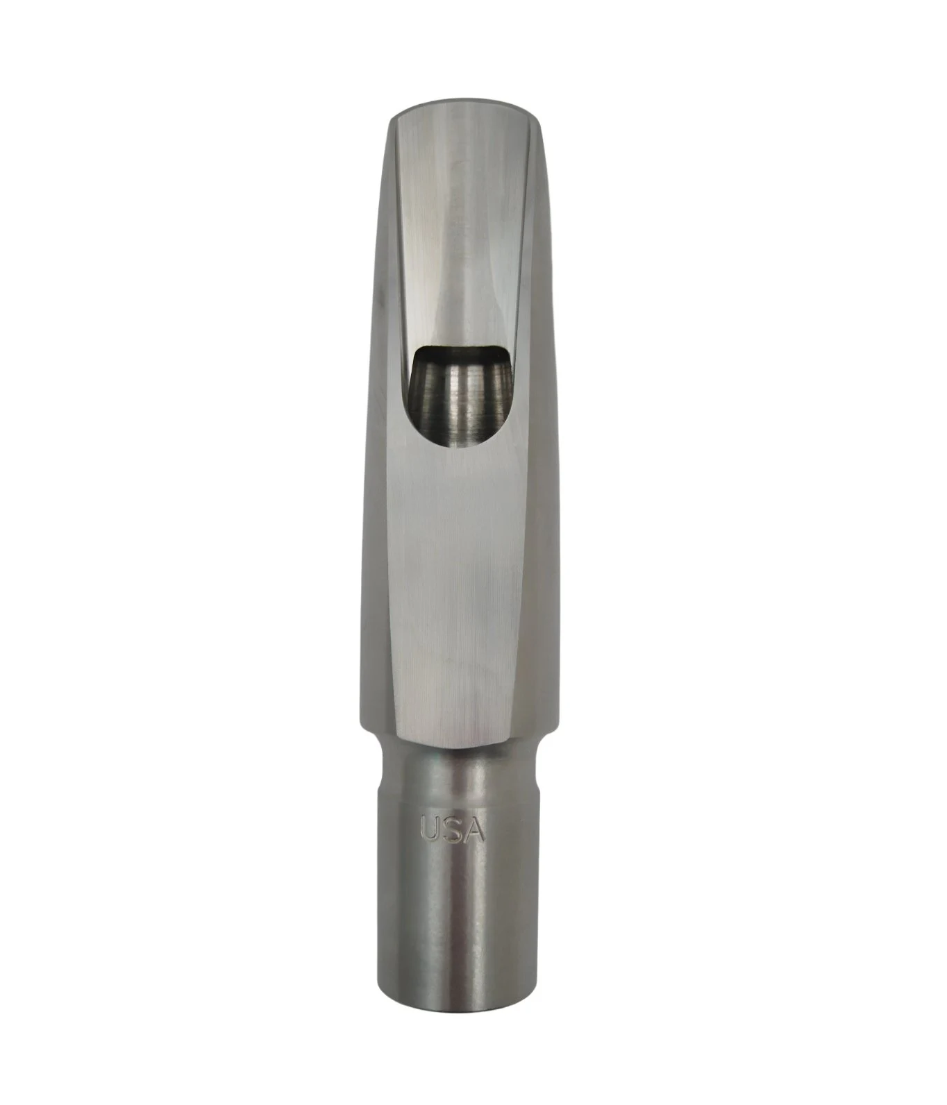Metallic saxophone mouthpiece on a white background