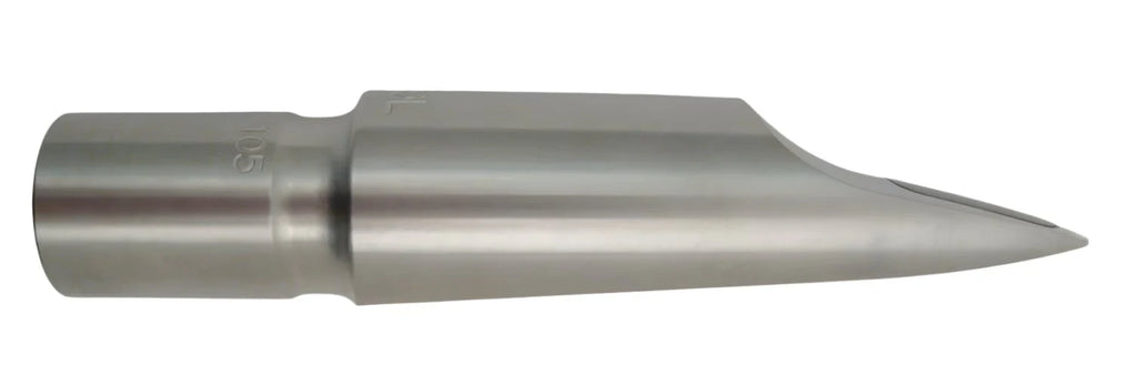 Stainless steel saxophone mouthpiece on a white background