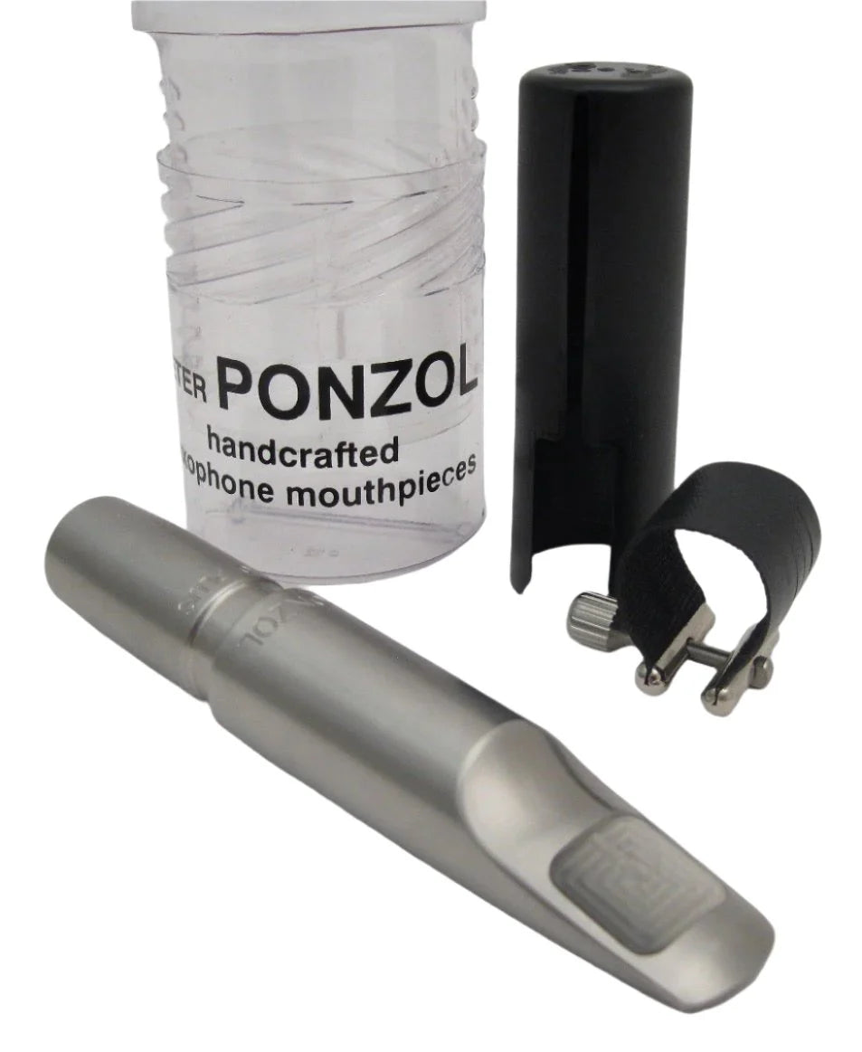Silver mouthpiece, black clip, and white packaging with 'Ponzol' branding on a white background.