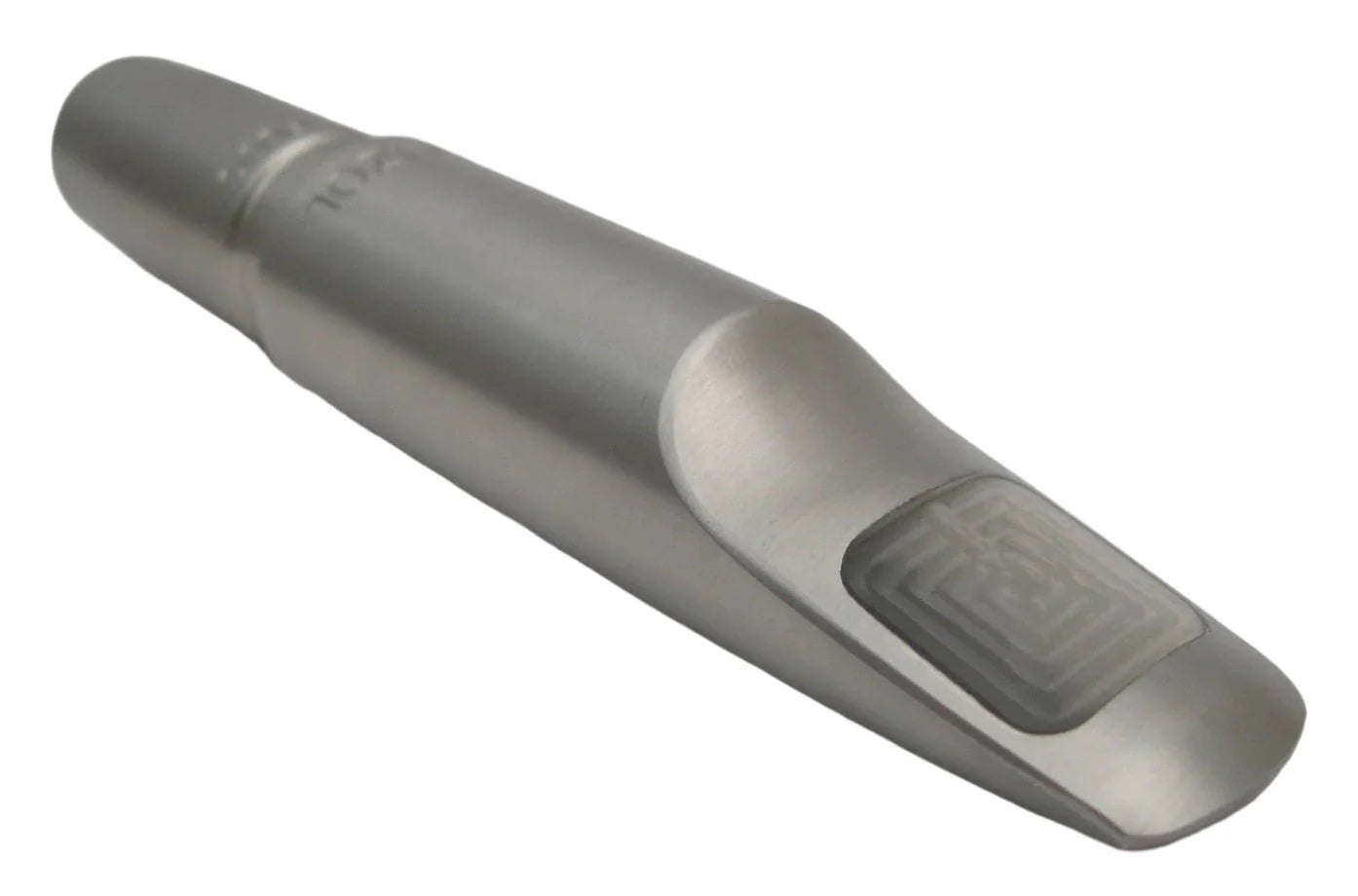 Metallic saxophone mouthpiece on a white background