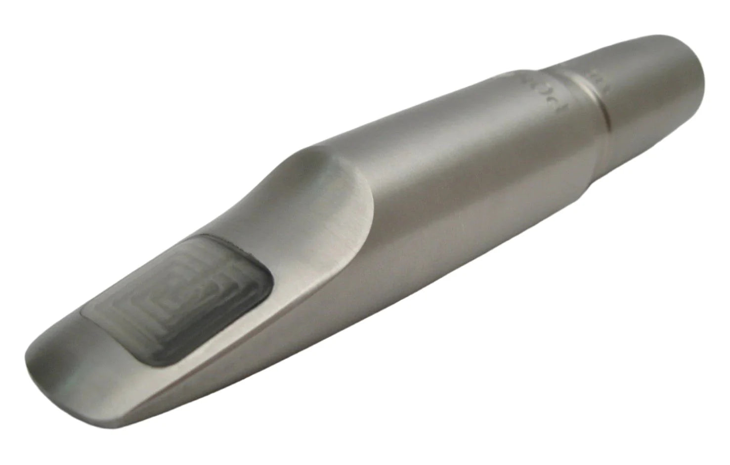 Metallic saxophone mouthpiece on a white background