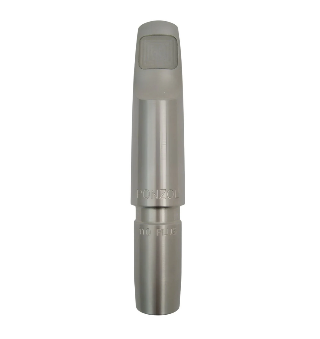 Silver saxophone mouthpiece with 'Ponzol' branding on a white background