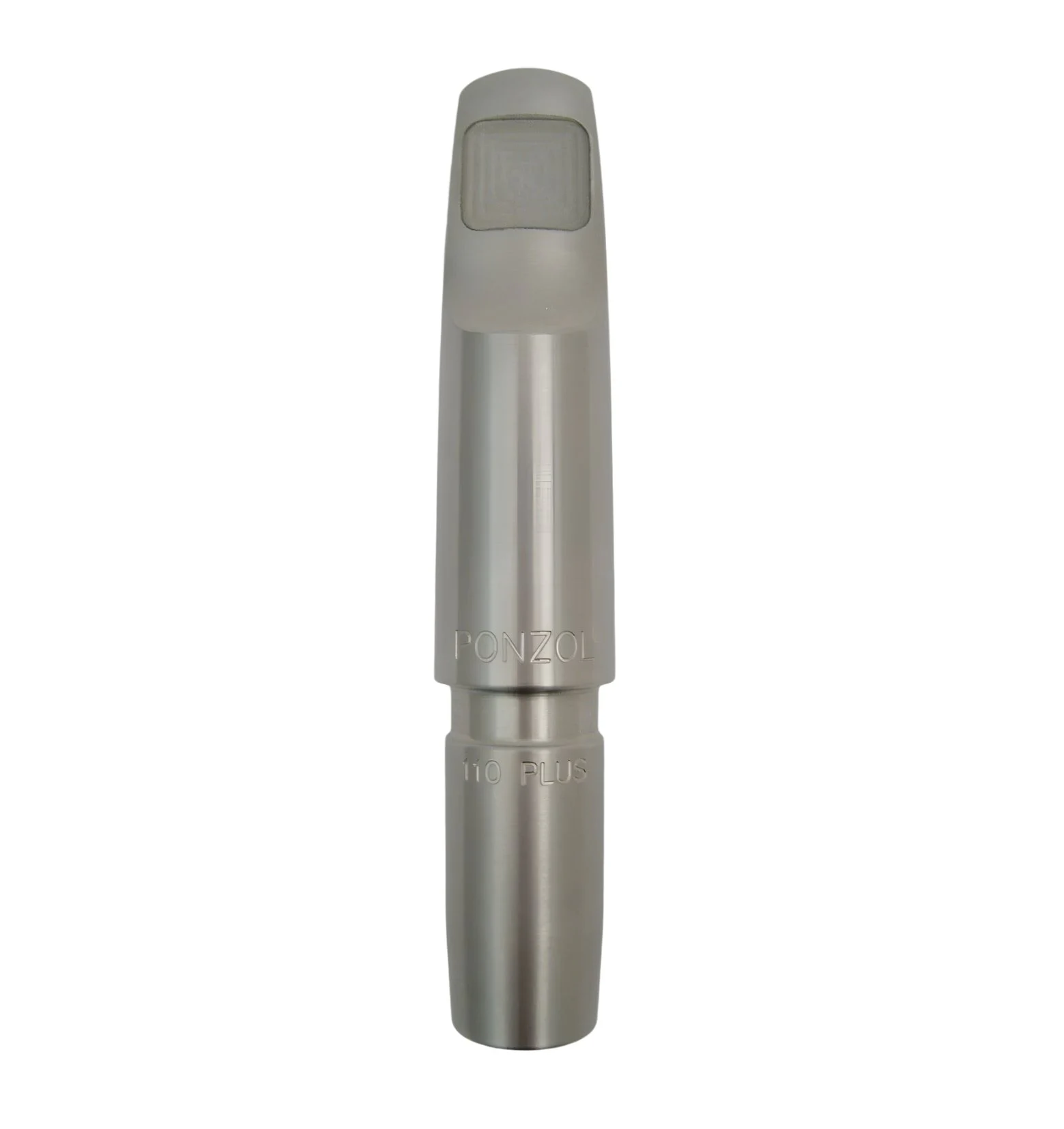 Silver saxophone mouthpiece with 'Ponzol' branding on a white background