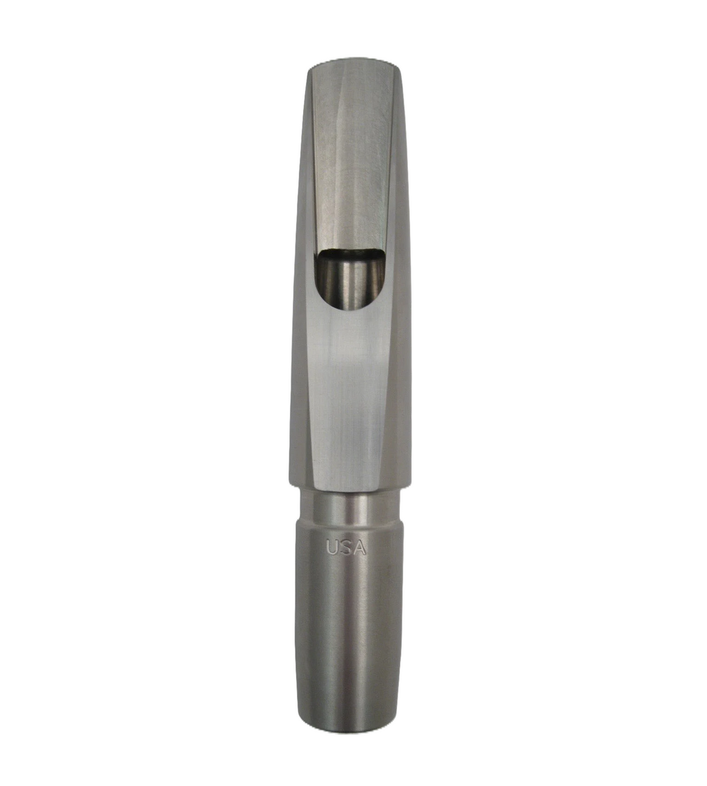Metallic saxophone mouthpiece on a white background