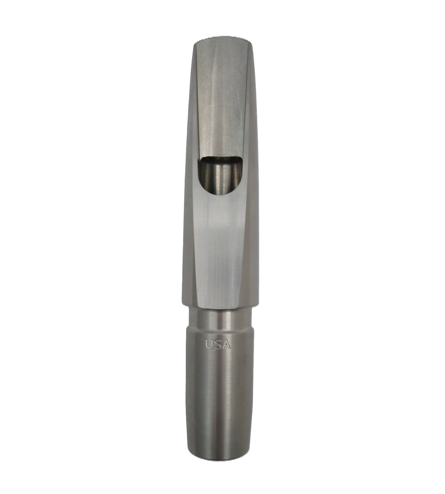 Metallic saxophone mouthpiece on a white background