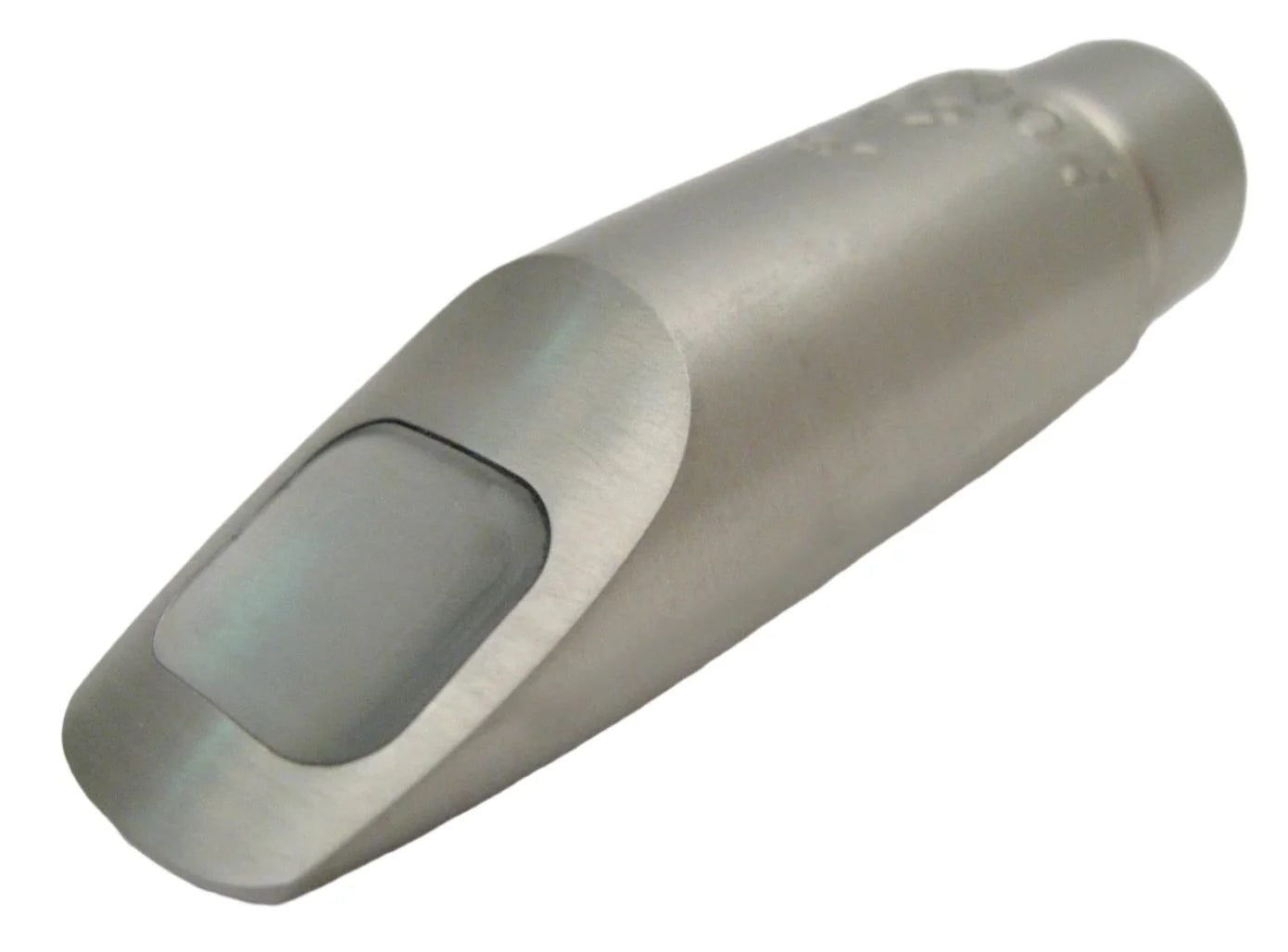 Metallic saxophone mouthpiece on a white background