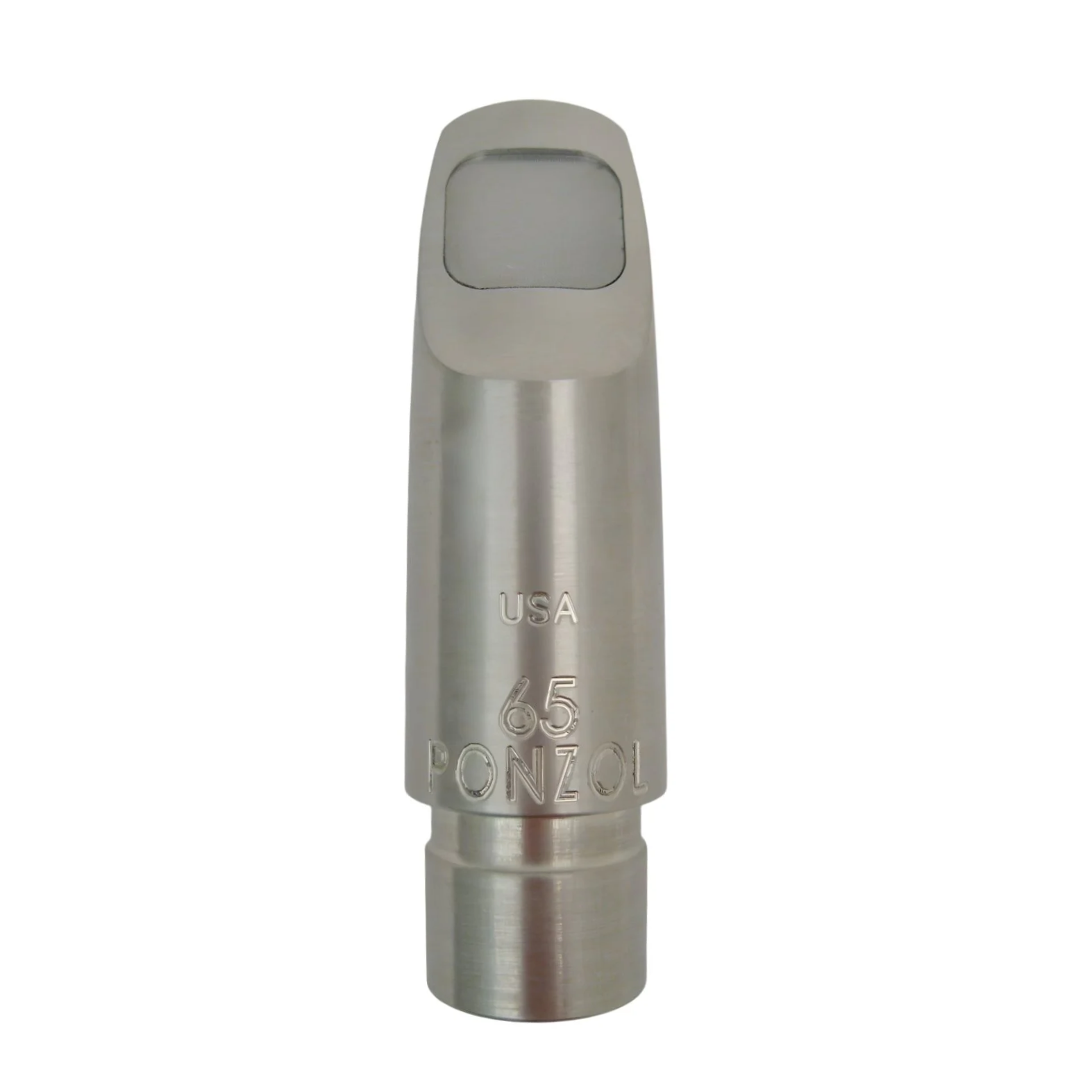 Metallic saxophone mouthpiece with '65 PONZOL' branding on a white background