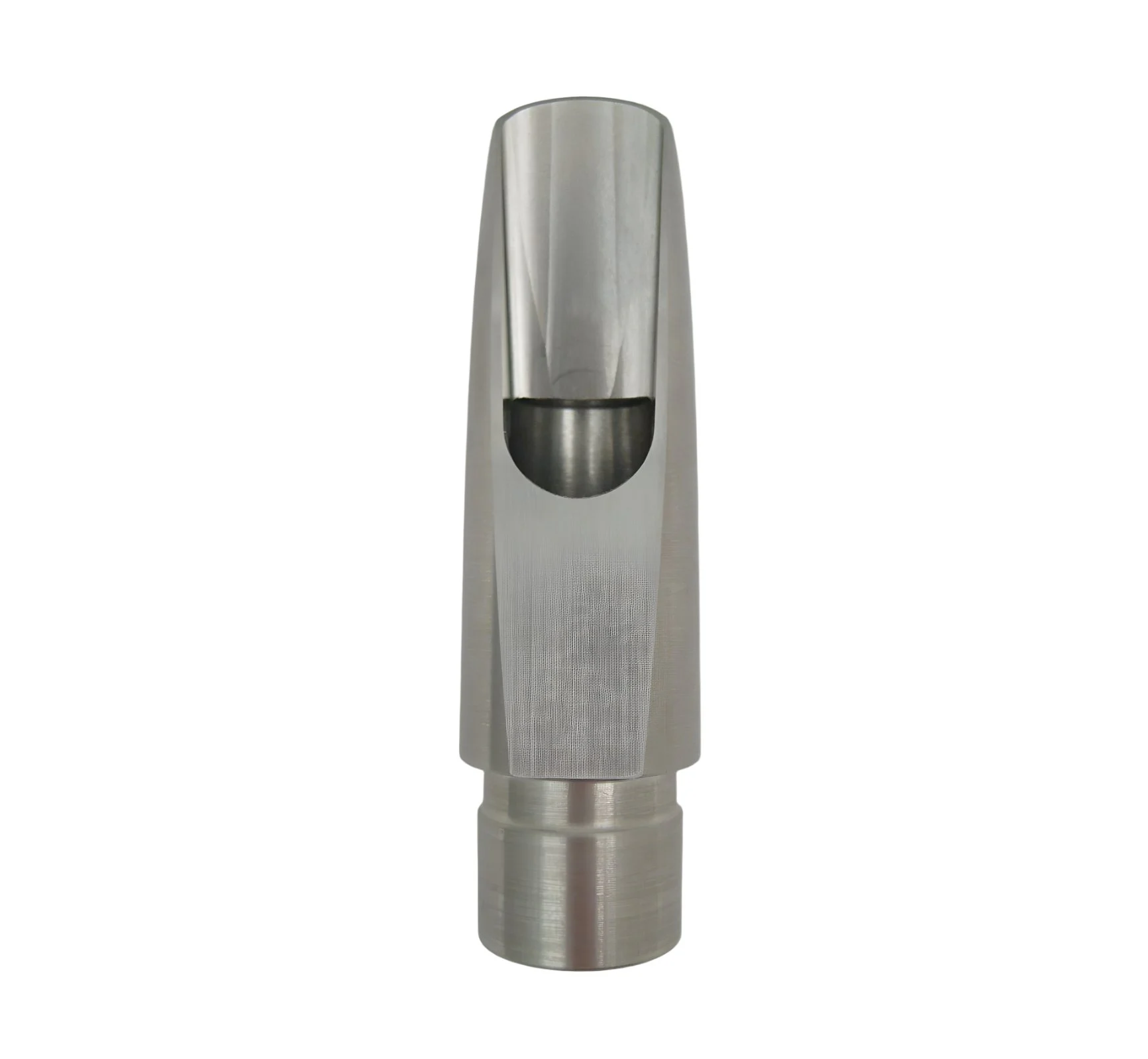 Metallic saxophone mouthpiece on a white background