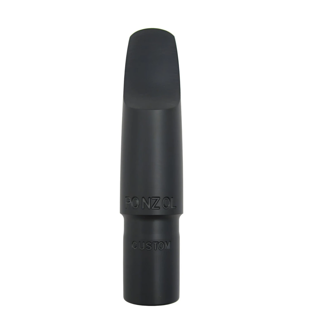 Black saxophone mouthpiece with 'Ponzol' branding on a white background