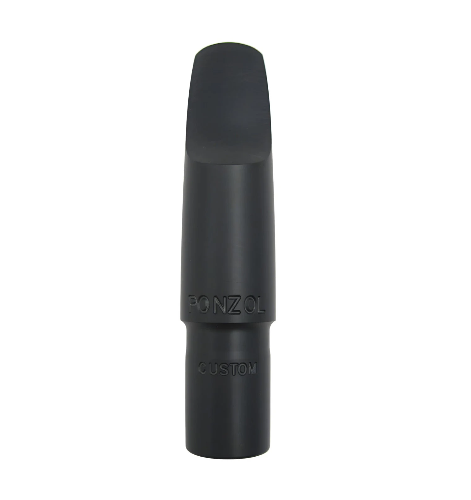 Black saxophone mouthpiece with 'Ponzol' branding on a white background
