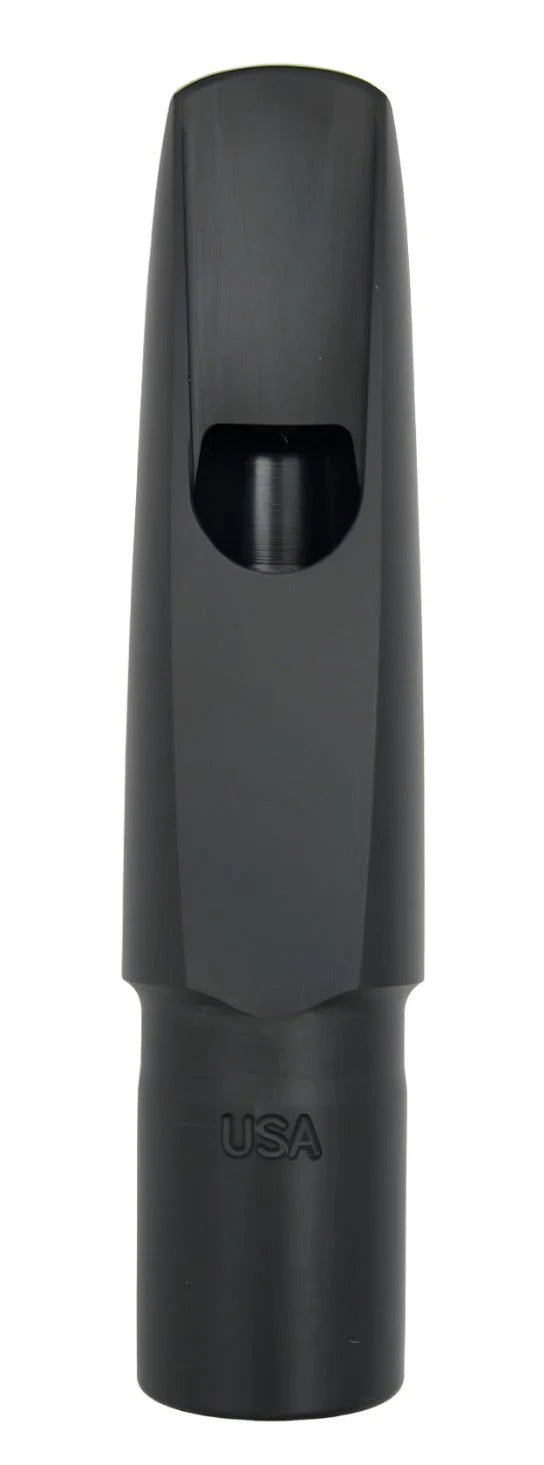 Black saxophone mouthpiece with 'USA' branding on a white background