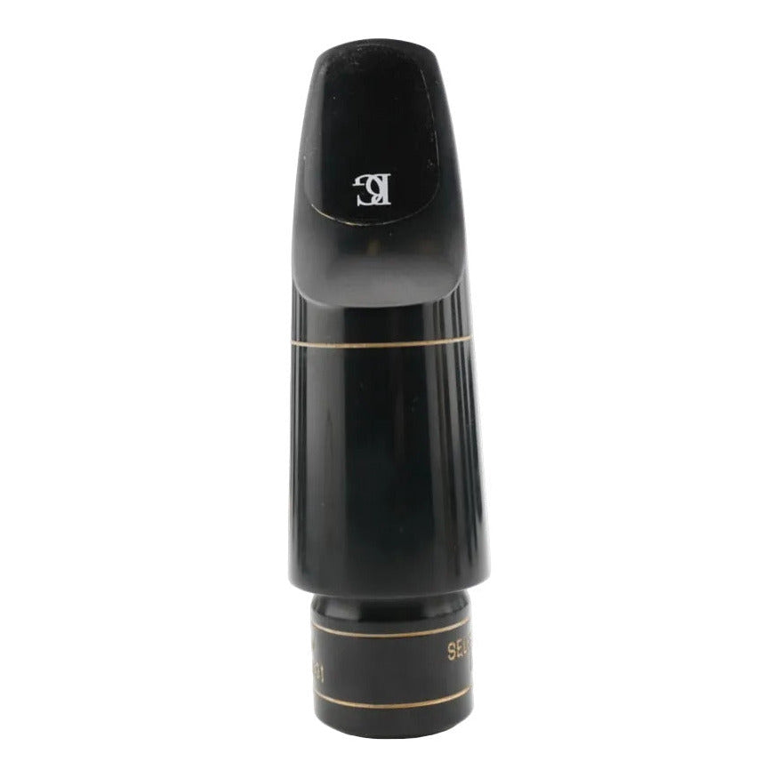 Black saxophone mouthpiece with gold accents on a white background