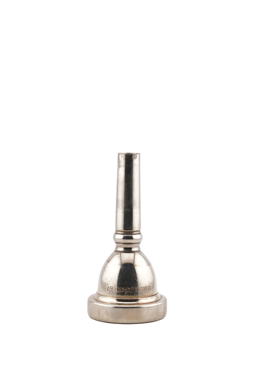 Silver tuba mouthpiece on a white background